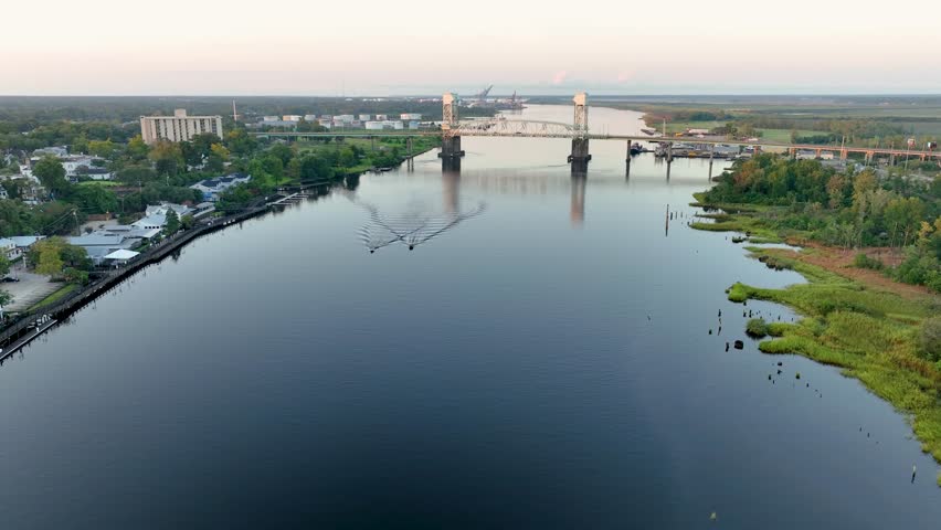 Aerial view of the Cape Fear Memorial Bridge spanning the Cape Fear River