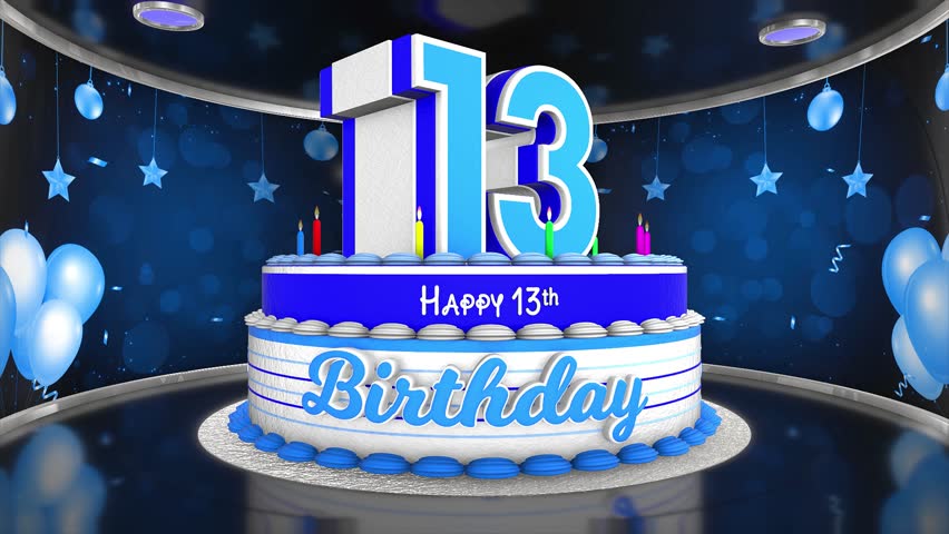 13 years, 13th birthday kids, children cake animation 3d render with confetti and balloon background. 