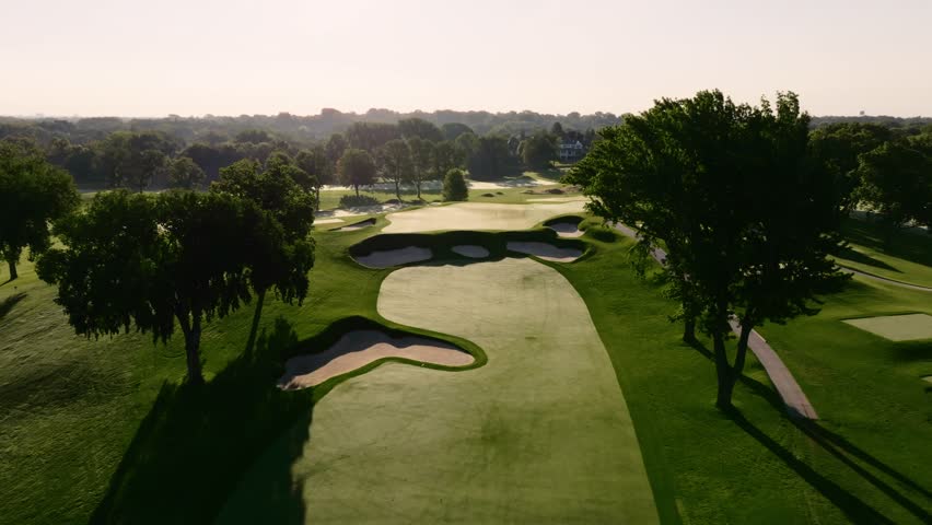 an aerial drone shot moving down to show a beautiful golf hole during sunrise, it's fairways, green, and bunkers