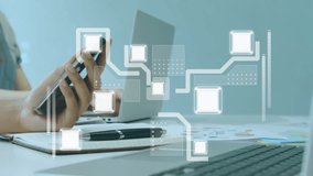 Animation of connections and shapes over caucasian businesswoman using smartphone in office. Technology, business and digital interface concept digitally generated video. - Powered by Shutterstock - Get 15% off with code: PIKWIZARD15