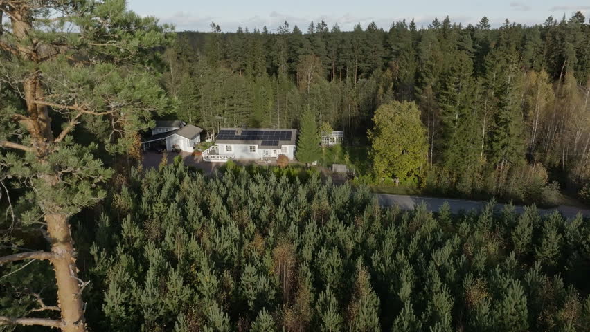 AERIAL: Rising in front of a tree, revealing a off-grid house in middle of forest