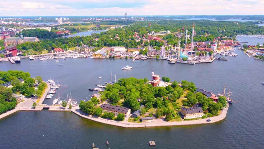 Island, marina and massive amusement park near Stockholm, aerial view