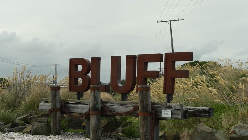 Rusty metal Bluff town sign on gorund coverd with fmaous bluff oysters with long grass.