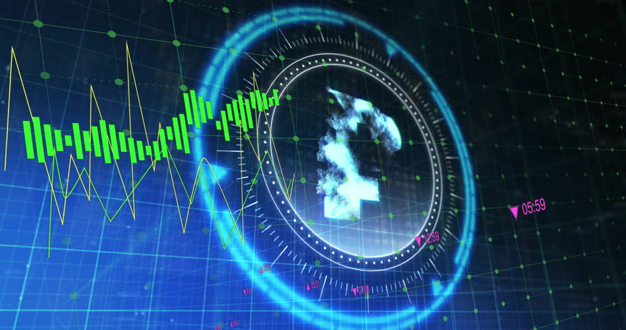 Animation of data processing and diagrams over scope scanning with ruble symbol. Technology, business and digital interface concept digitally generated video.
