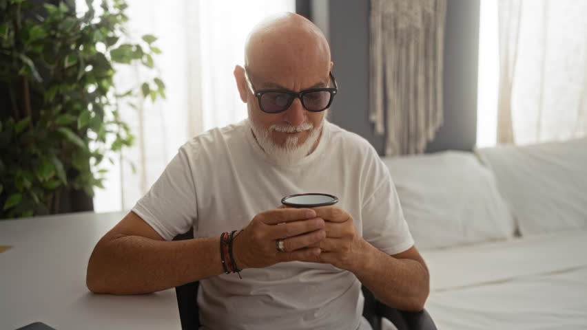 Grey-haired man with beard sits in bedroom holding coffee cup wearing sunglasses and white shirt indoors with sunlit curtains
