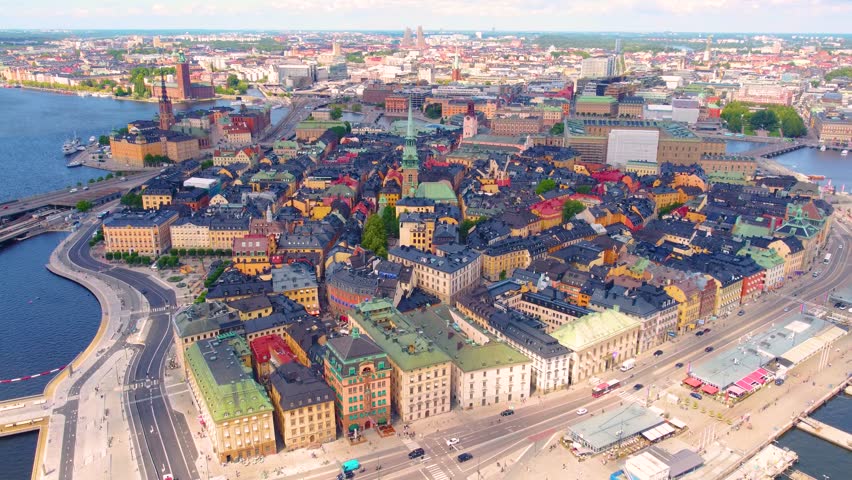 Old town of Stockholm city, high angle aerial view