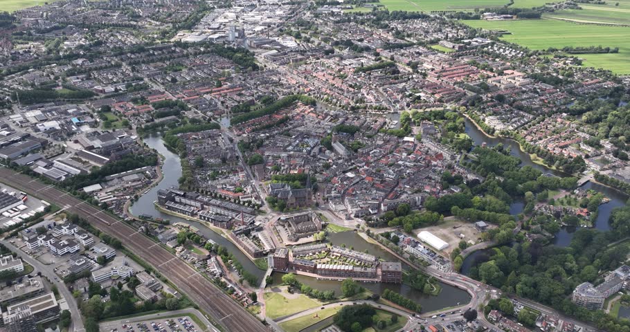 Old historic town of Woerden, Utrecht, The Netherlands. Aerial overview