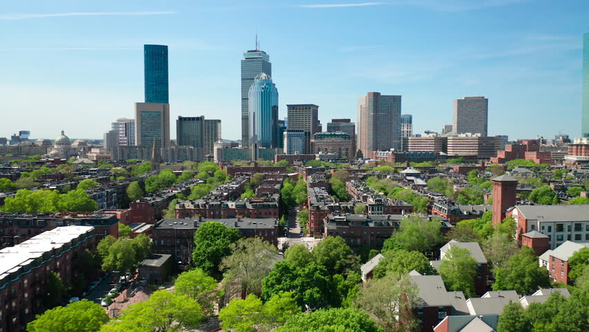 Drone Shot of The Boston Skyline Flying Over The South End