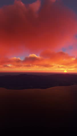 3D - Reunion Island. France. Front aerial view of sunset island