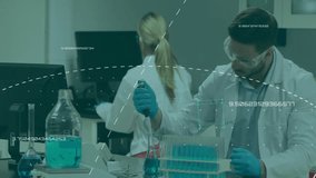 Animation of data processing over caucasian scientists working in lab. Technology, science and digital interface concept digitally generated video. - Powered by Shutterstock - Get 15% off with code: PIKWIZARD15