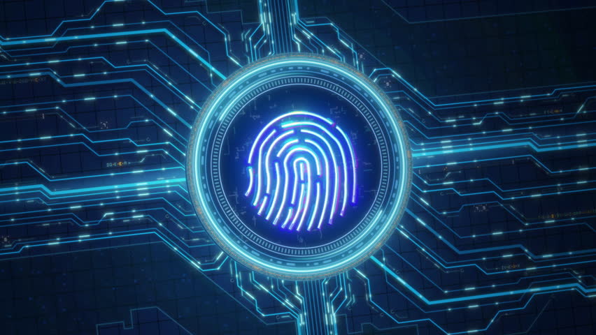 Futuristic fingerprint surrounded by blue circuit patterns, symbolizing digital security and biometric technology. - Powered by Shutterstock - Get 15% off with code: PIKWIZARD15