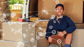 Surrounded by network connections animation, delivery worker holding clipboard over packages. Logistics, shipping, courier, technology, communication, transportation - Powered by Shutterstock - Get 15% off with code: PIKWIZARD15