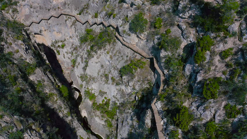 Drone view of the interior of the gorge in the town of Relleu, with its popular wooden walkway, anchored to the walls of the gorge, 80 metres from the bottom.