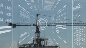Digital data processing animation over construction crane and building site. Technology, urbanism, engineering, progress, innovation, development - Powered by Shutterstock - Get 15% off with code: PIKWIZARD15