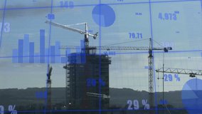 Construction cranes and building with financial data processing animation overlaid. skyscraper, business, development - Powered by Shutterstock - Get 15% off with code: PIKWIZARD15