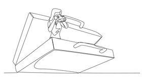 Self drawing animation of single one line drawing businesswoman comes out of briefcase looks for something through binoculars. Prepare business expansion by doing business trips. Full length animated - Powered by Shutterstock - Get 15% off with code: PIKWIZARD15