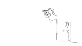 Animation of a single one line drawing businesswoman comes out of a safe deposit box looking for something through binoculars. Offers the best protection for corporate data. Full length motion - Powered by Shutterstock - Get 15% off with code: PIKWIZARD15