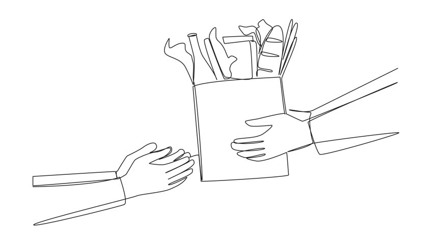 Animated self drawing of continuous one line drawing hand giving grocery bag. Very environmentally friendly shopping bags. Able to carry various types of food. Protect the earth. Full length animation
