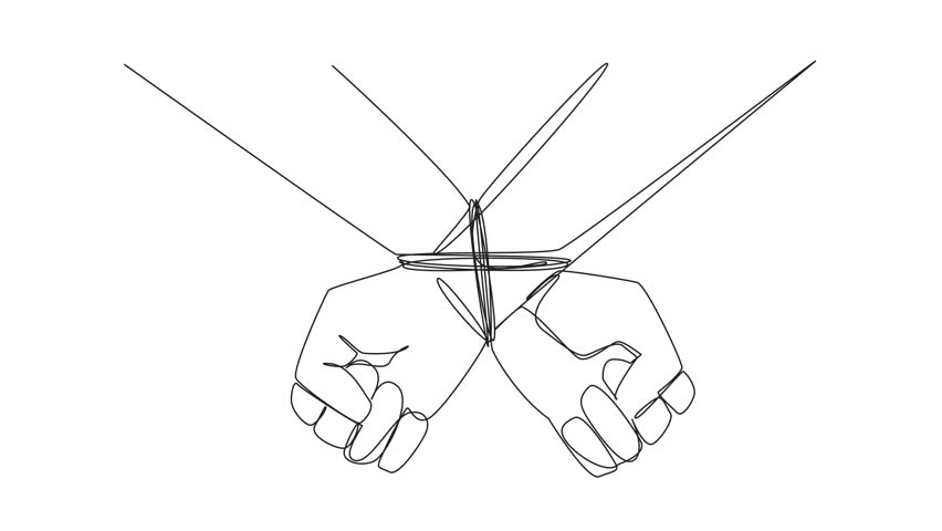 Animation of single continuous line drawing seen from behind, the entrepreneur's hands are tied. Greedy entrepreneur. Committing bribery to control strategic assets. Arrested. Full length motion