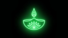 Neon Diya fire icon animation, color flicker. Glowing neon Diya lamp, looped color blink animation. Diwali festival, Deepavali oil candle, Diya oil lamp with lotus flower. 4 colors - Powered by Shutterstock - Get 15% off with code: PIKWIZARD15