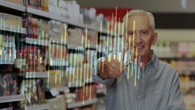 Stock market data animation over smiling man in grocery store aisle. Finance, investment, retail, technology, shopping, business - Powered by Shutterstock - Get 15% off with code: PIKWIZARD15
