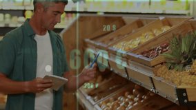Analyzing sales data animation over man selecting produce in grocery store. Analytics, consumer, shopping, technology - Powered by Shutterstock - Get 15% off with code: PIKWIZARD15