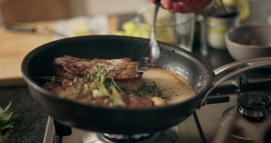 Recipe, steak and frying pan with hands with person in kitchen for cooking food, diet and meal prep. Nutrition, meat cuisine and dinner with beef at home for wellness, dining and healthy ingredients