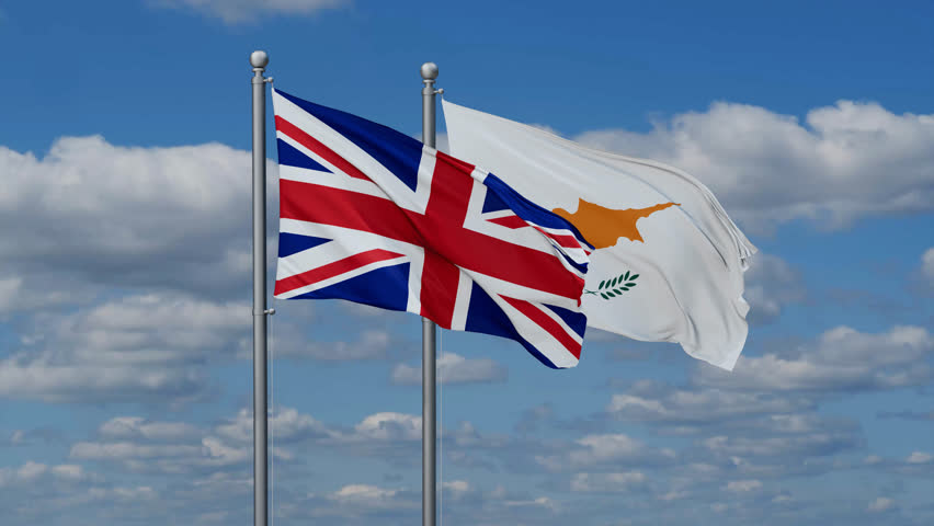 Cyprus and United Kingdom flags flying together, video concept of the relationship, two country relations concept