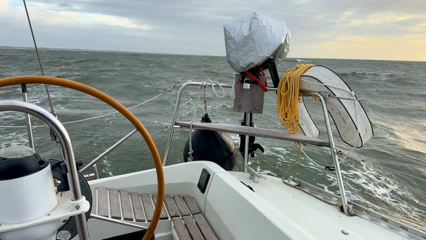 Rear view of sailboat with automatic steering tiller wheel at rough wind storm sea with outboard motor or engine and safety bouy mounted on stern riding waves