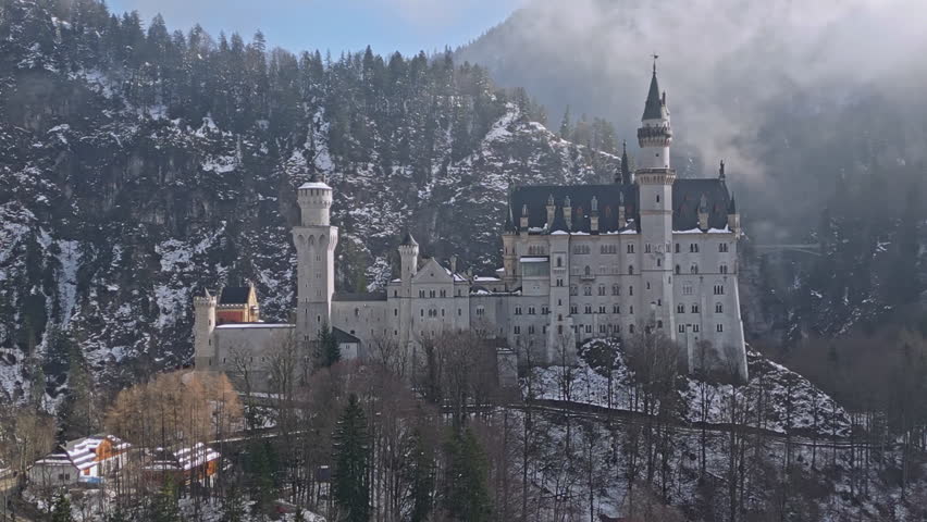 aerial view Neuschwanstein Castle Germany. Beautiful architecture of a historical fortress in Bavaria. High quality 4k footage