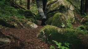 Close up gimbal shot of male hiker walking along path in mountain forest, foot steps among stones covered with green moss. Man in trekking shoes going in woodland. Slow motion steady shot - Powered by Shutterstock - Get 15% off with code: PIKWIZARD15