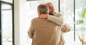 Elderly couple, dance and holding hands in house for love, marriage and connection together with hug. Senior people, embrace and celebrate anniversary, relationship and romance in home with bonding - Powered by Shutterstock - Get 15% off with code: PIKWIZARD15