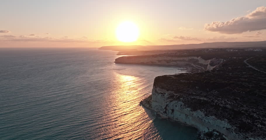 Top-Down View of Kourion Beach, Cyprus - Breathtaking Sunset and Coastal Rock Formation. High quality 4k footage