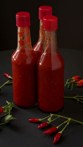 Homemade hot sauce made from fermented fresh Tabasco chili peppers in bottles. Table spin. Vertical video.
