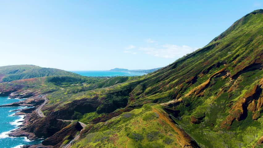 Coastal road heading to Halona Beach Cove, Hawaii. Aerial descendant