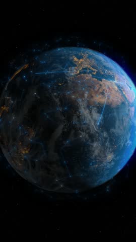 Beautiful view of Earth from space, illuminated cities reflect vibrant blue tones. Moving lines symbolize global internet connections, data transfer, and satellite orbits. Copy space.