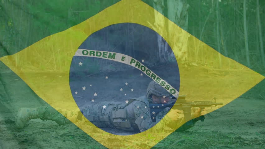 Animation of flag of brasil over diverse soldiers. Patriotism, armed forces, defence and war concept digitally generated video.
