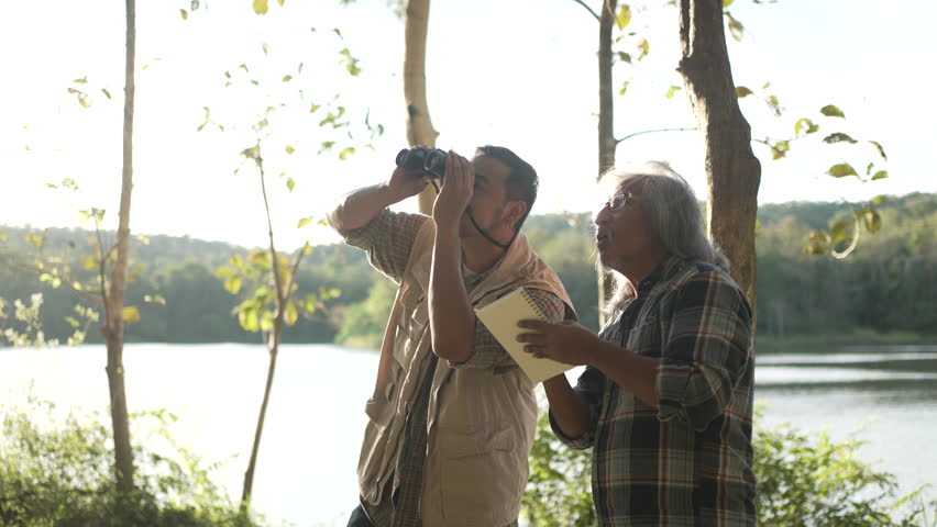 Men go to travel at natural park. Environment and outdoor activity.