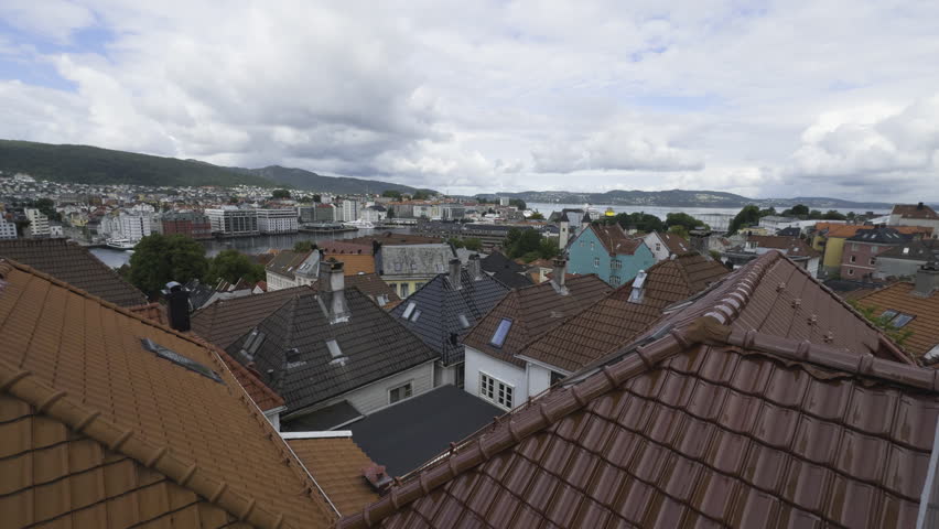 Static establishing shot of Bergen, Norway, capturing historic rooftops and colorful buildings from above