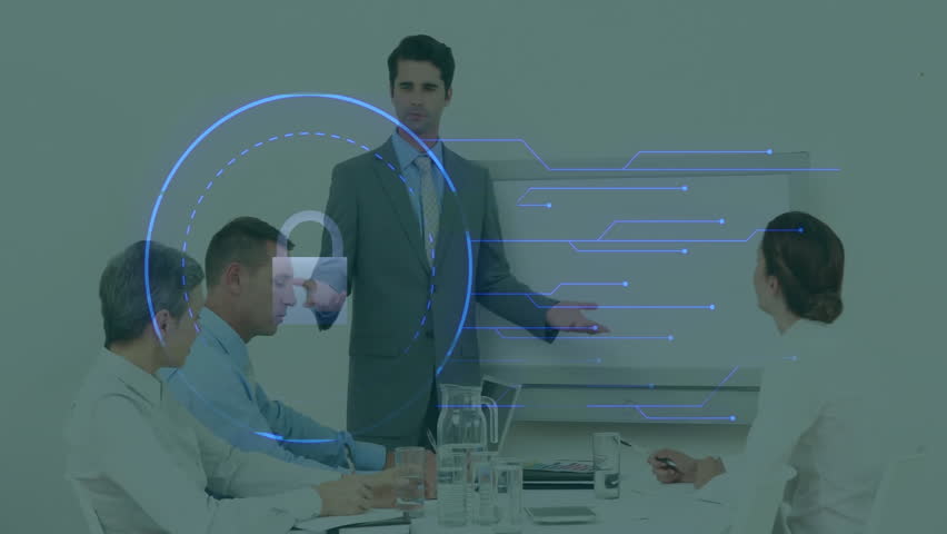 Animation of shapes with padlock over diverse business people at meeting. Technology, business and digital interface concept digitally generated video. - Powered by Shutterstock - Get 15% off with code: PIKWIZARD15
