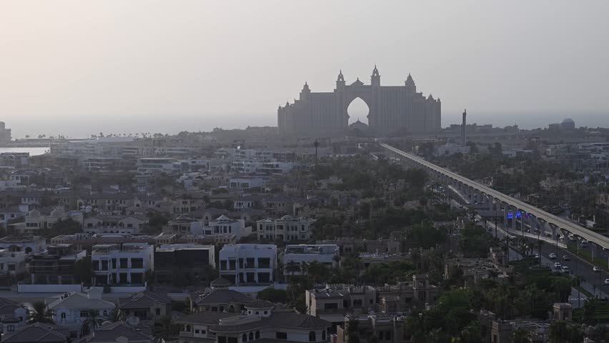 A view of Dubai’s Palm Jumeirah island, featuring the iconic Atlantis The Palm and Atlantis The Royal hotels in the background