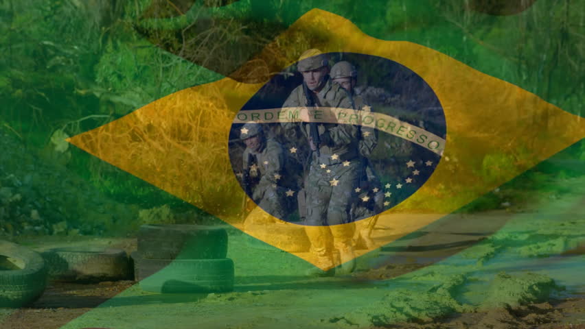 Animation of flag of brazil over diverse soldiers. Patriotism, armed forces, defence and war concept digitally generated video.