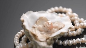 Pearls, Natural pearl inside the oyster shell, close up, necklace rotating over black background. Nacre. Mother-of-pearl. Slow motion, macro shot - Powered by Shutterstock - Get 15% off with code: PIKWIZARD15