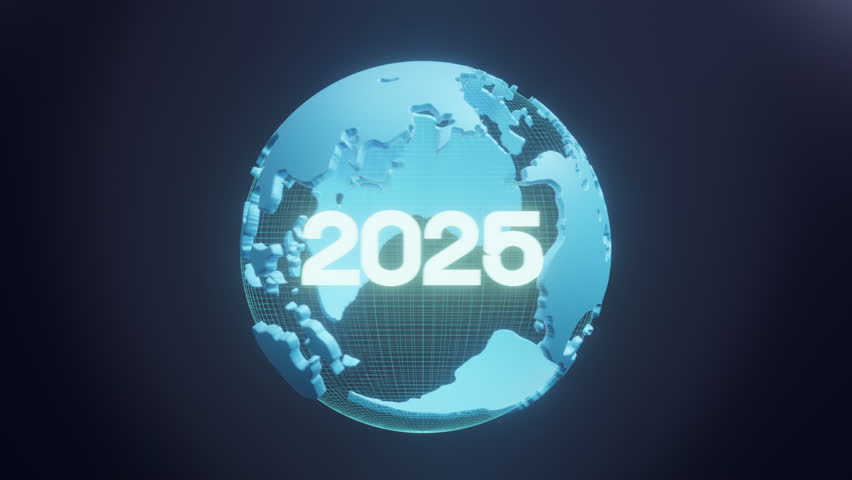 Animation 2025 happy new year rotating on the world map. The idea of time, Era of development. Concept of new year, annual plan, growth strategy, business planning, investment trends. 3d animation