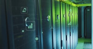 Animation of data processing and ecology icons over server room. Technology, business and digital interface concept digitally generated video. - Powered by Shutterstock - Get 15% off with code: PIKWIZARD15