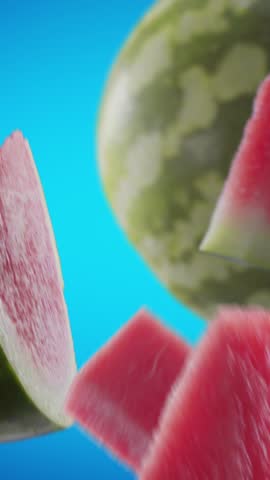 Flying of Watermelon and Slices in Blue Background. 3D Illustration