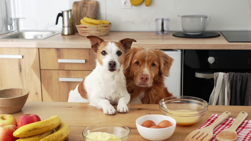 A Jack Russell Terrier and a Nova Scotia Duck Tolling Retriever are sitting on the kitchen counter surrounded by baking ingredients. The dogs are curiously watching the food preparation.