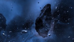 Beautiful asteroids field, beautiful cinematic flight through dark deep blue space asteroid field with small asteroids and stones, metorite in 4k - Powered by Shutterstock - Get 15% off with code: PIKWIZARD15
