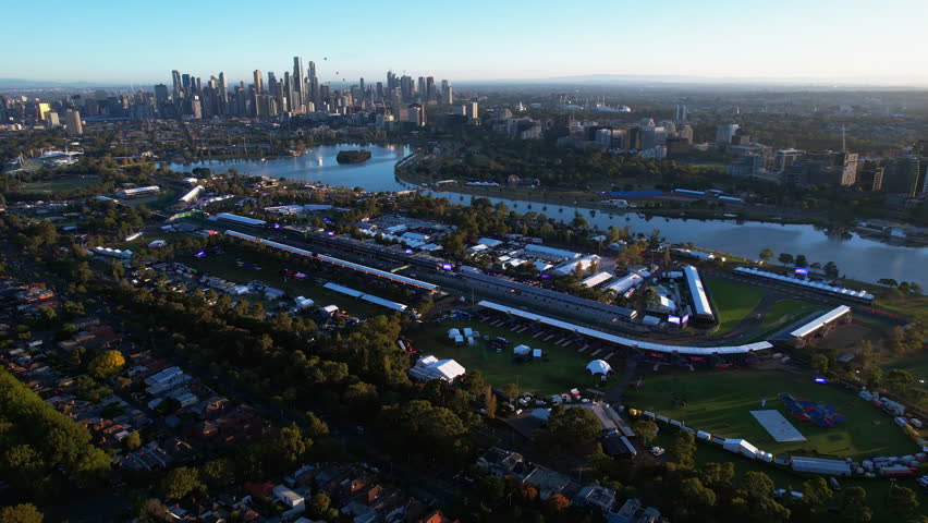 Aerial view away from the Albert Park, sunny morning in Melbourne, Australia