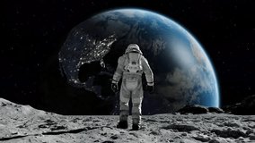 Astronaut in Spacesuit on Planet in Space on Earth Background. Spaceman Exploring Surface Moon in Expedition. 3d Animation Walking Man Cosmos Loop Footage. Unrecognizable Cosmonaut. 3D Illustration 4k - Powered by Shutterstock - Get 15% off with code: PIKWIZARD15